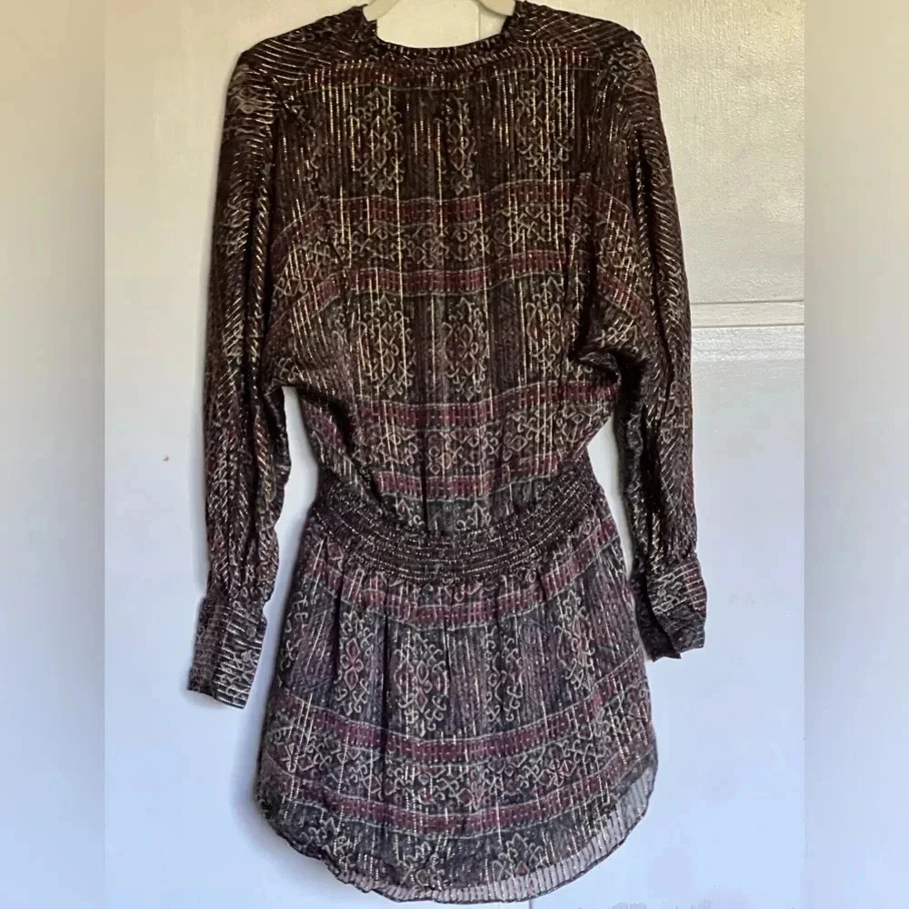 Frame Paisley Metallic‎ Silk Long Sleeve Mini Dress Size Small